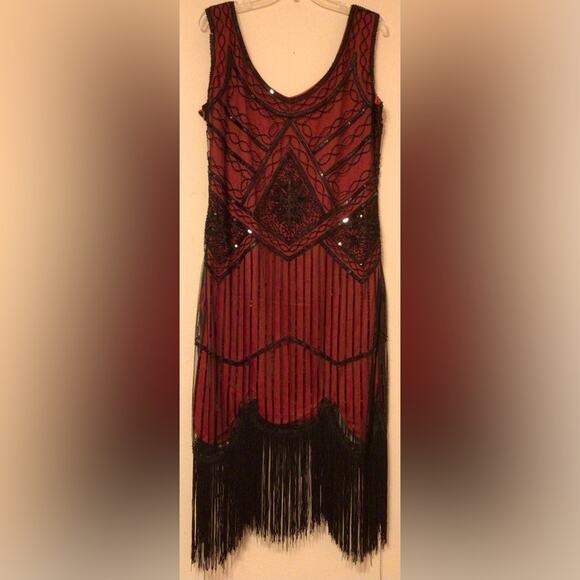 Fundaisy Red & Black Sequin Fringe 1920's Flapper Dress size 3XL - Picture 4 of 5